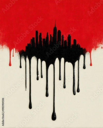 A black city skyline silhouette drips downward like paint between a red and white background, blending urban art with an abstract, melting effect.
