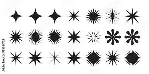 Sparkle and twinkle star icons collection for magic decorations or festive visual backgrounds in black color.