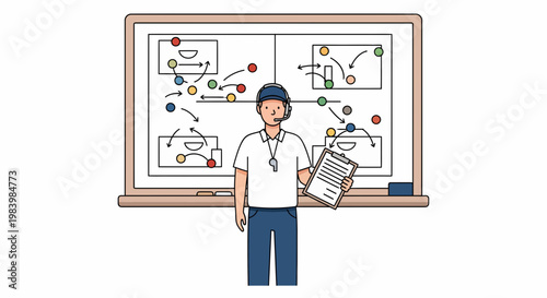 A sport coach gives training to team with diagrams on a board