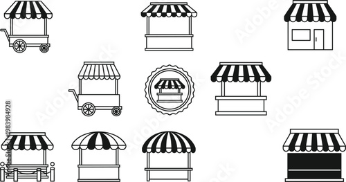 Market stall icons vector set with street shop kiosks vendor stands retail booth awning storefront collection