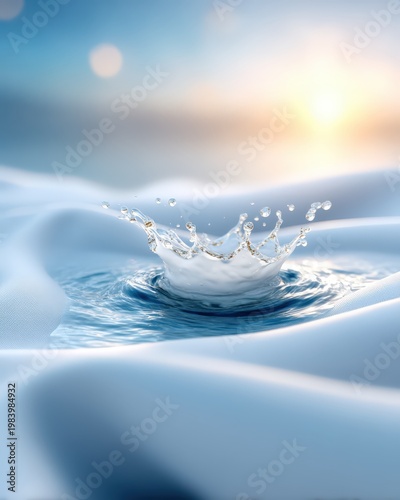 A close-up of a water droplet splash creating ripples on a smooth blue surface with a soft, glowing background.