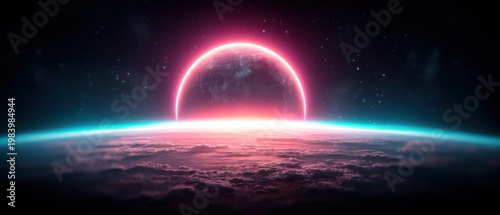A glowing pink planet rises above a cloud-covered horizon in space, creating a surreal and captivating cosmic scene.