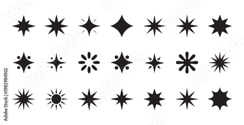 Shining star sparkle icon set simple geometric element vector illustration glow light effect.