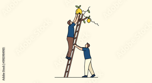 Two men are engaged in fruit harvesting on a farm through agriculture.