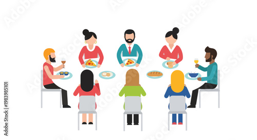 Diverse group of people sitting around a table eating food together in a casual dining setting with plates and utensils