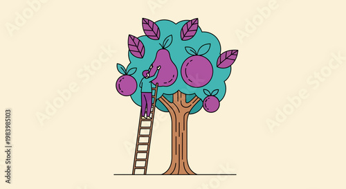 Farmers engage in fruit harvesting during agriculture season with ladder and tree