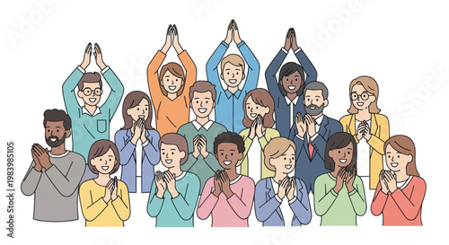 Diverse group of people applauding and celebrating together in appreciation and gratitude with hands raised