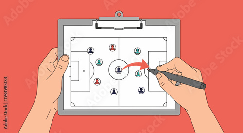 A sport coach drawing a soccer strategy plan on a clipboard with a pen during training.