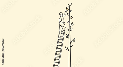 A person climbs a ladder to pick fruit for harvesting in agriculture.