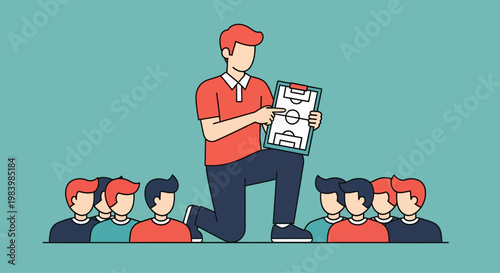 A man in red presents a newspaper to a group of diverse people sitting