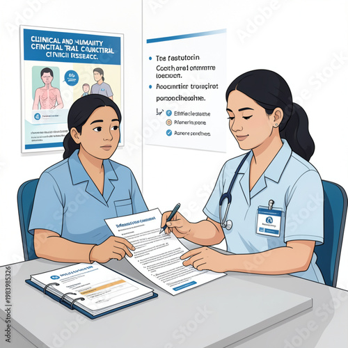 Clinical Trial Consultation with Patient and Research Nurse, Informed Consent Discussion Vector Illustration