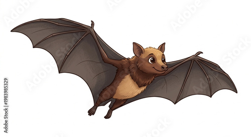 Flying Bat Illustration with Spread Wings Isolated on White