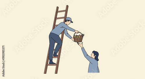 Man on ladder handing basket to woman in blue shirt outside