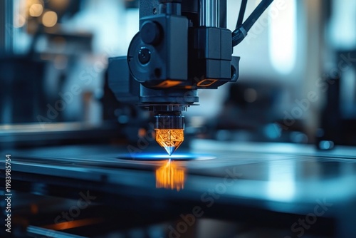 close-up of a 3d printer nozzle depositing a glowing molten bead onto a reflective build plate under cool blue ambient light, evoking focused precision and futuristic anticipation