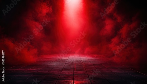 Empty tiled floor bathed in red light with swirling red smoke and a single overhead spotlight creating a dramatic ominous atmosphere