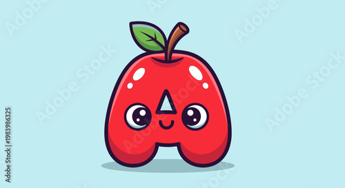 Cute cartoon letter A shaped like a red apple with a green leaf and a happy face on a light blue background.