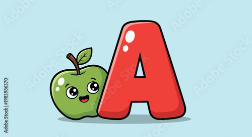 Konstfotografi A cute cartoon green apple with a happy face next to a large glossy red letter A on a light blue background