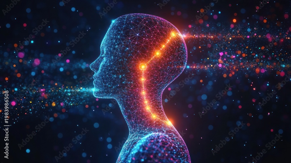 Naklejka premium wireframe human profile with glowing orange neural pathway along head and neck, surrounded by neon blue and pink particles, conveying contemplative futuristic wonder