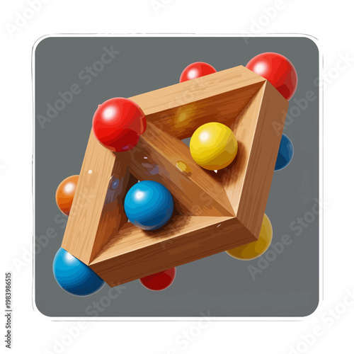 Abstract geometric structure with colorful spheres and wooden frame