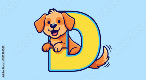 A cheerful cartoon golden retriever puppy peeking out from behind a large, stylized yellow letter D, set against a light blue background.