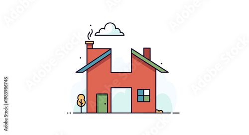 A stylized red house shaped like the letter H, with a chimney emitting smoke and a small tree nearby.