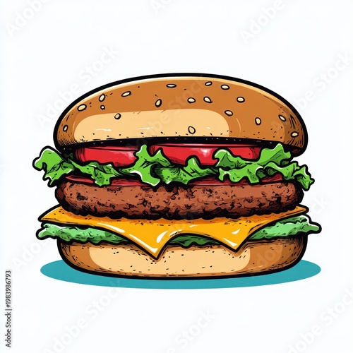 Appetizing cartoon cheeseburger with sesame seed bun, juicy beef patty, melted cheese slice, crisp lettuce and tomato in a playful colorful illustration