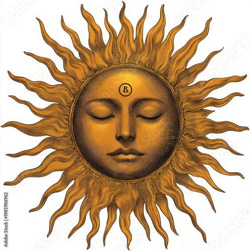 ornate golden sunburst with hand-drawn wavy rays and central brown square, vintage engraved texture conveying warm radiant energy