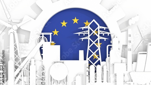Industrial plant, manufacture buildings. Energy generation and heavy industry. Flag of the European Union in turning gear. Sustainable energy generation. Heavy industry metaphor animation. 3D render
