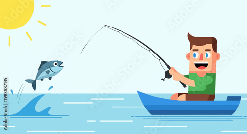 A cartoon character angler fish catching in a blue boat on a sunny lake fishing day outdoor activity recreation hobby
