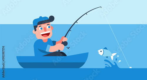 Cartoon fisherman catching fish in a boat on a lake, enjoying outdoor hobby and recreation.