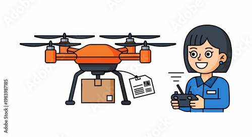 A smiling woman operates a drone delivering a package outdoors with a controller in her hands.