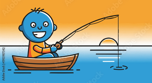 A cartoon character fisherman is engaged in lake fishing, an outdoor activity and hobby, enjoying recreation while catching fish with a vector illustration.