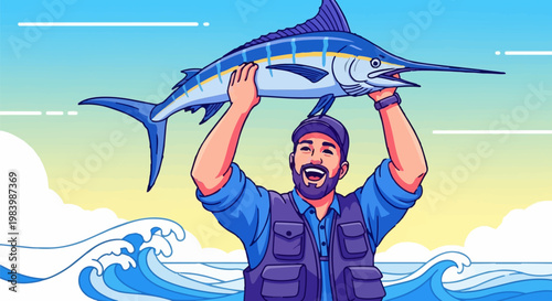 A cartoon character angler holds up a large fish caught while lake fishing for recreation.