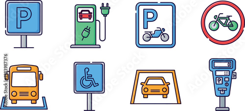 Parking and transport icons vector set with car electric charging bus bike accessible signs urban design