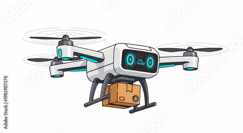 A cartoon character vector illustration of a drone with a package, showcasing technology and outdoor activity.