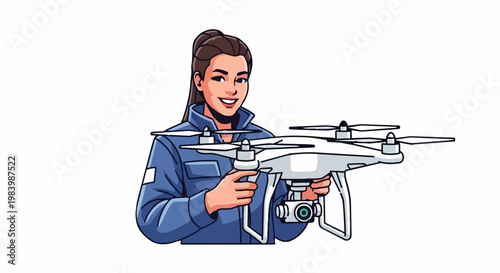 A smiling woman holds a drone, a recreational outdoor activity hobby.