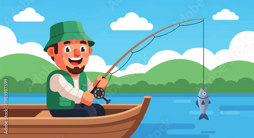 A cartoon character angler fisherman is catching fish on a lake fishing hobby recreation outdoor activity.