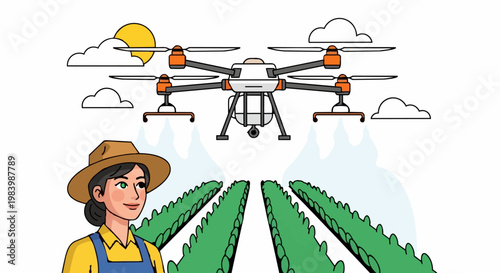 A cartoon character of a farmer watches a drone flying over a field of crops on a sunny day with clouds.