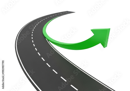 Green arrow indicating a sharp curve on a paved roadway