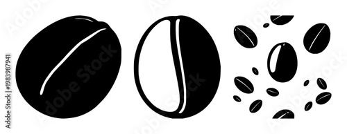 Fair trade coffee bean icon set with solid black silhouette on white background featuring icon, coffee bean, fair trade symbol with minimal line art and flat color