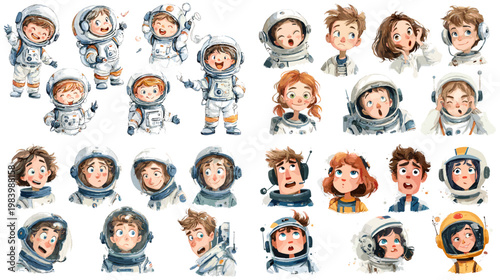 Cute watercolor astronaut child portrait collection with playful expressions and space helmets, perfect for nursery decor, kids prints, stickers and science themed designs.