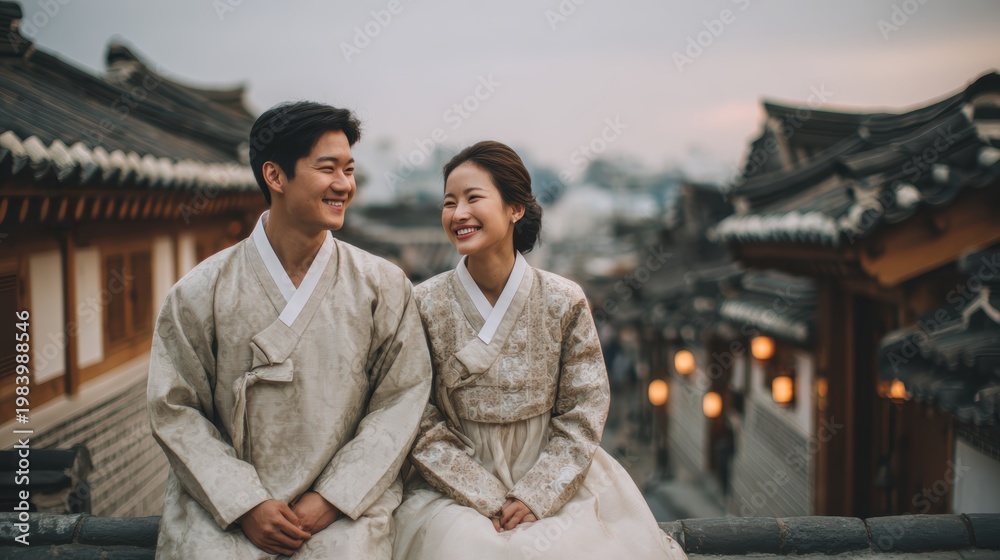 Obraz premium Happy Wedding couple in wedding party,Young joyful bride and groom emotionally dancing,hanbok wedding at seoul korea,honeymoon and romantic time,valentine,sweet moment,copy space.