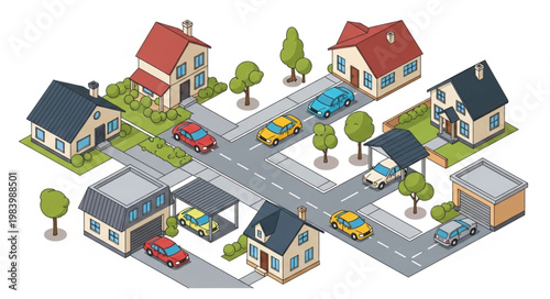 Foto Isometric Neighborhood Street Scene with Houses and Cars.