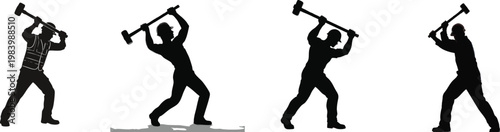 Silhouette collection of a construction worker wearing a hard hat and holding a large sledgehammer aloft preparing to strike with forceful intent representing manual labor and industrial strength 
