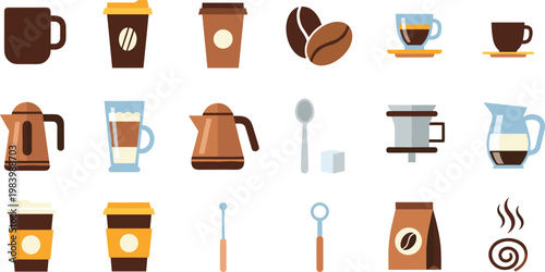 Coffee and Brewing Equipment Vector Set Featuring Cup Beans French Press Drip Maker and Cafe Icons
