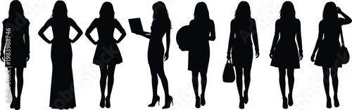 Silhouettes of diverse individuals standing in different poses with accessories, fashion styles, and body language on white background