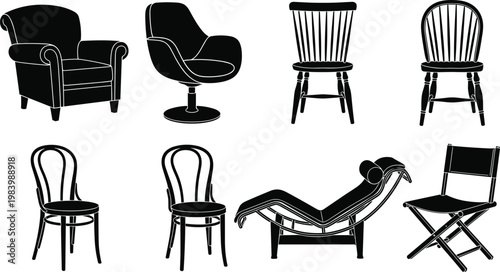 Silhouettes of eight different chair designs, showcasing diverse furniture styles, ergonomic seating options, and modern interior design elements
