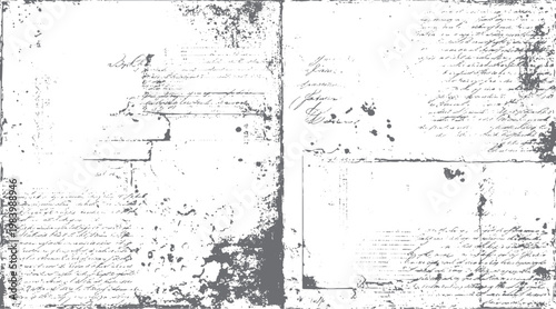 Faded grey grunge texture overlay on aged handwritten script document with ink splatters and torn edges