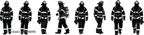 Silhouettes of firefighters in protective gear including helmets, suits, and breathing apparatus representing safety, emergency response, and rescue