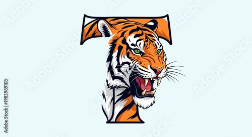 A fierce tiger's head emerges from the letter T, showcasing its striped fur and sharp teeth.